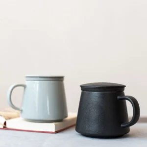 12oz matte black ceramic infuser tea mug with lid infuser resting on lid