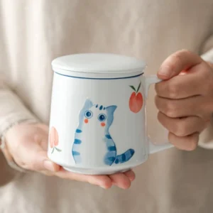 12oz cute cat ceramic tea mug with infuser and lid full product view