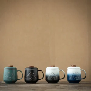 ceramic mountain tea mug with infuser and lid 14oz full product view