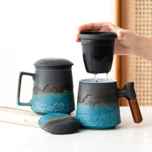 15oz ceramic tea mug with infuser and lid mountain relief design full product view