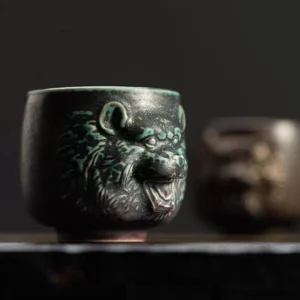 Hand carved 3D tiger relief vintage Chinese ceramic tea bowl 6oz