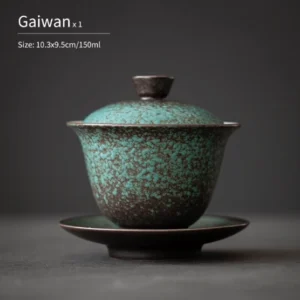 5oz mottled green bronze porcelain gaiwan three piece tea bowl full product view