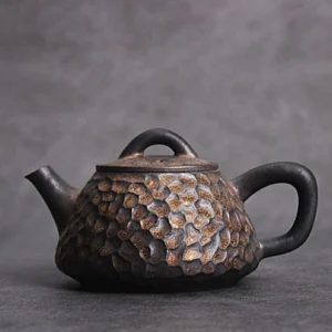 full view of 6oz handcrafted antique textured gilded chinese gongfu porcelain teapot