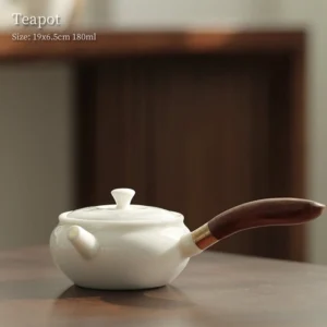 Full view 6oz white porcelain kyusu teapot with wooden side handle