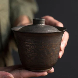 Antique bronze porcelain gaiwan vintage Chinese tea ware full view