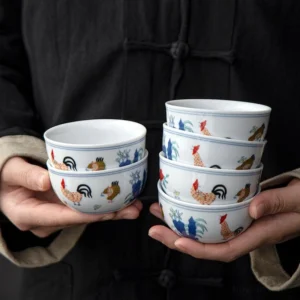 Set of 6 antique style Chinese porcelain chicken tea cups 1.7oz classic chicken motif view