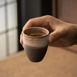 Hand holding antique handcrafted Japanese clay tea cup, natural earthy texture