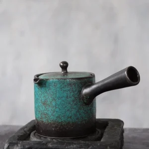 Antique Japanese side handle porcelain teapot blue green mottled glaze full view