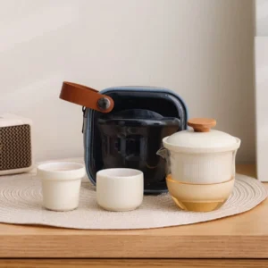 beige portable ceramic chawan travel tea set full display with carrying bag