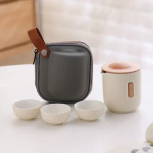 Beige portable travel kung fu chawan tea set with teapot three teacups and carrying bag