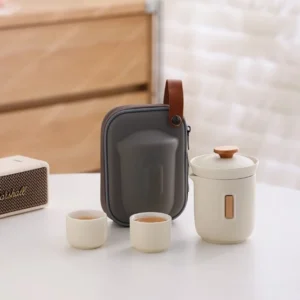Beige portable travel gongfu chawan set with deer shaped infuser and carrying bag