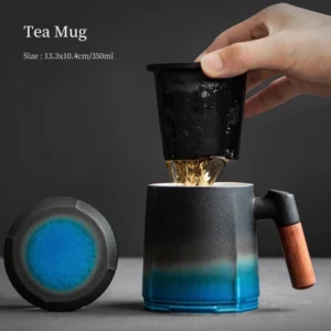 black blue gradient ceramic tea mug with wood handle built-in infuser lid full view