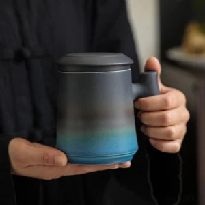 black blue gradient ceramic tea mug with strainer wood handle 13.5oz