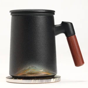 black ceramic giant tea mug with stainless steel strainer natural bamboo handle 15.2oz