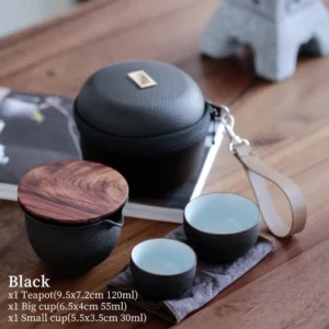 Black matte ceramic portable chawan travel tea set with natural wood lid and carry case