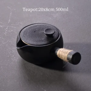 17oz black matte ceramic side handle Japanese kyusu teapot with jute wrapped handle