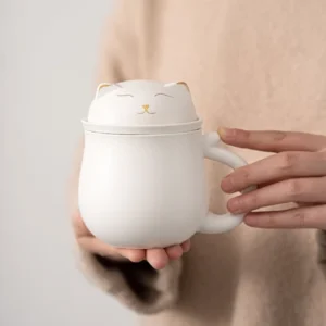 matte black ceramic tea infuser mug with cute cat lid full view