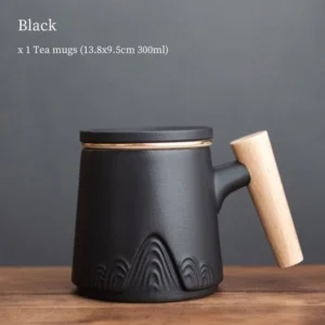 black-ceramic tea mug with infuser and wooden handle mountain relief design
