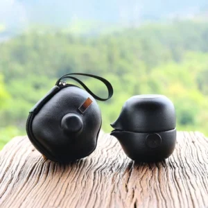 Full black ceramic travel chawan tea set with protective travel bag fully displayed