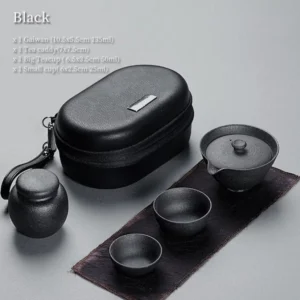 Black matte ceramic portable travel chawan set with gaiwan teacups and tea caddy