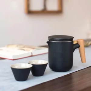 black ceramic travel chawan tea set with natural wood handle
