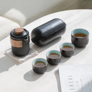5.7oz black ceramic portable travel tea set with protective black carry case closed
