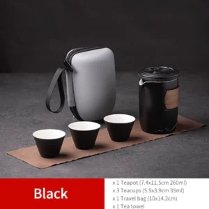 Black chawan portable travel kung fu tea set full view with travel bag