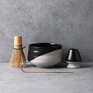 black complete matcha tea bowl set with all traditional preparation tools