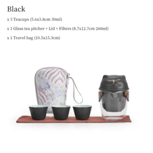 black matte cute cat lid portable travel tea set with glass pitcher and 3 ceramic cups