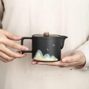 8oz hand painted black landscape porcelain teapot with stainless steel infuser on wooden tea tray