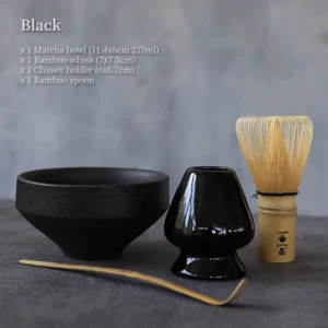 Black matte matcha chawan full set with bamboo whisk, chashaku and ceramic chasen holder