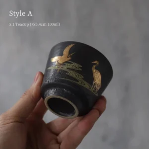 Style A handcrafted black porcelain golden crane tea cup 3.4oz textured surface