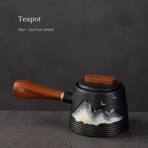 5.4oz black matte porcelain side handle teapot with wooden grip, full product view