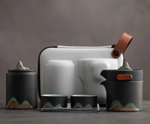 Black mountain motif portable ceramic chawan travel tea set complete with carrying bag