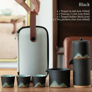 Black Portable Ceramic Gongfu Chawan Travel Tea Set full set unfolded view