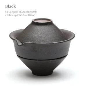 Black rough ceramic portable travel chawan tea set with 2 teacups full view