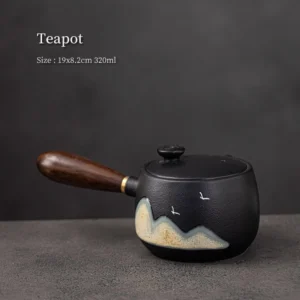 11oz black matte porcelain teapot with detachable wooden side handle hand painted landscape motif