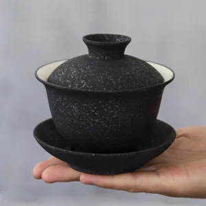 Black speckled porcelain gaiwan 5oz full set on wood background