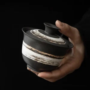 Black striped handmade style porcelain gaiwan 6.7oz full product view