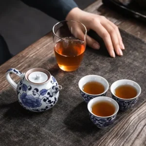 Full blue and white porcelain travel chawan tea set with travel bag