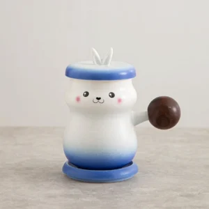 Blue gradient cute rabbit ceramic tea infuser mug with wood handle and lid