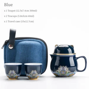 blue lucky cat ceramic travel tea set with carry bag 10oz teapot