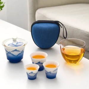 Complete blue white porcelain travel chawan tea set with travel case unboxed