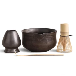 complete bronze matcha chawan bowl set with all traditional tools