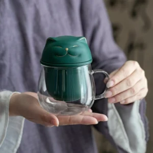 Cute cat glass tea infuser mug with cat lid 12oz full product view
