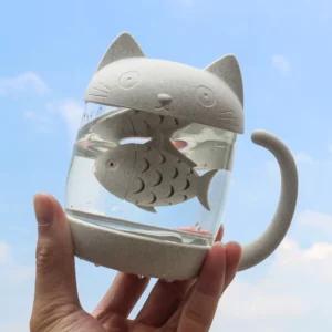 cat shaped glass tea mug with fish infuser 8.5oz full product view