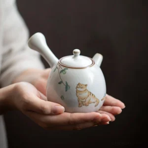 Handmade crackle glaze ceramic cat kyusu side handle teapot off white base