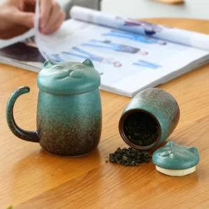 Full set of ceramic cat tea infuser mug and matching cat tea canister