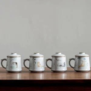 ceramic tea infuser mug with cat design 13oz off-white crackle glaze