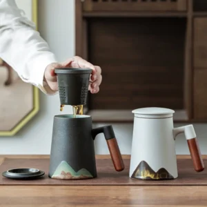 ceramic mountain infuser tea mug with lid and wood handle